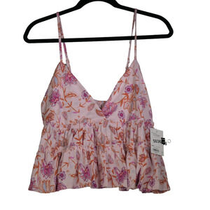 NEW SO Crop Top Women Size XXL Pink Floral Tiered Hippie Boho Sleeveless